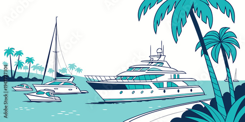 Yachts and sailboats in a tropical bay Vector