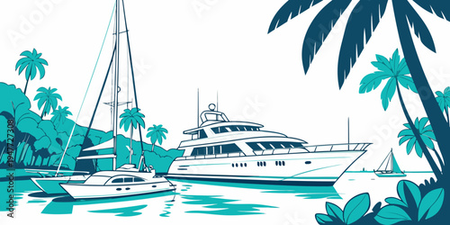 A large yacht in a tropical bay with palm trees Vector