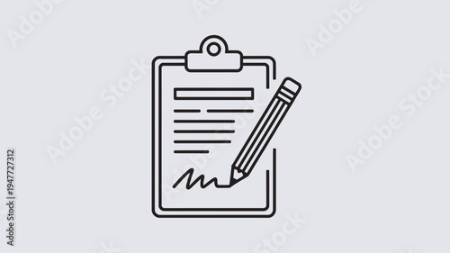 A simple line drawing of a clipboard with a pencil on a plain background