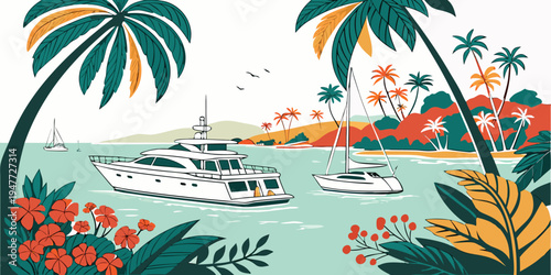 Yacht boats floating on calm tropical sea surrounded by palm trees and flowers Vector