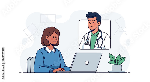 Woman consults doctor online via video call on laptop.