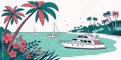 A white boat sailing in the water near a tropical island Vector