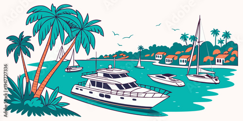 Yachts and palm trees by the waterfront Vector