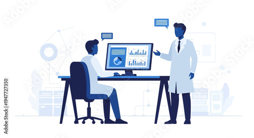 Two scientists collaborating on a computer screen.