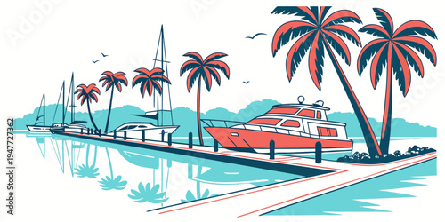 A tropical island with palm trees and a pier Vector