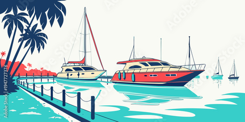 A red and blue boat floating on the water near a dock Vector