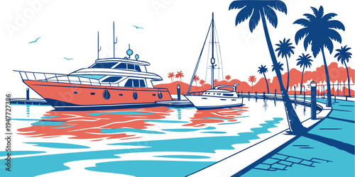 A boat is docked at a tropical harbor with palm trees Vector