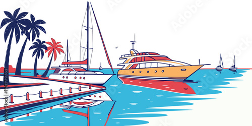 A large yacht is docked in a marina near palm trees Vector