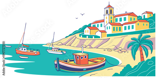A beach scene with boats and a town on a hill Vector