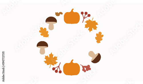 Seamless style autumn plant vector elements with mushrooms pumpkins foliage and berries on white background