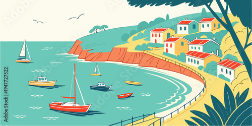 A colorful illustration of a seaside town with boats and buildings Vector