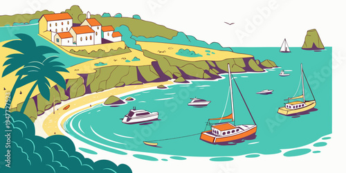 A colorful illustration of a tropical bay with boats and a town Vector
