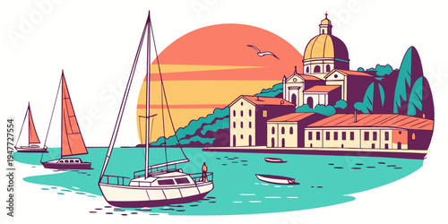 A sailboat floats in the water near a coastal town at sunset Vector