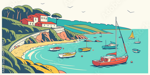 A red sailboat on a blue sea near a house on a cliffside Vector