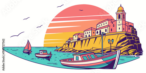 A colorful illustration of a lighthouse by the sea Vector