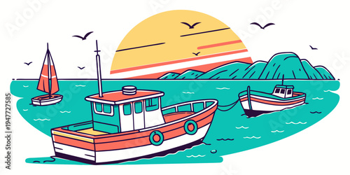 A colorful illustration of a fishing boat on the water Vector