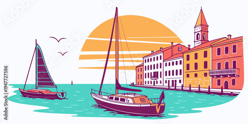 A serene harbor scene with sailboats and buildings Vector