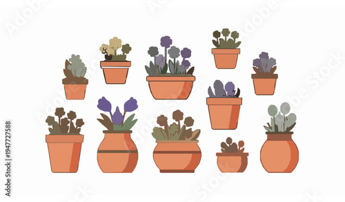 Spring flower pots collection with blooming plants in terracotta containers vector illustration