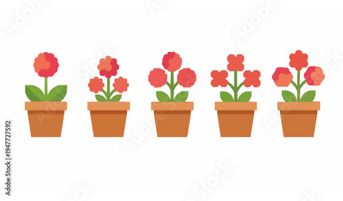 Cute spring flowers in clay flower pots flat vector elements isolated on white background