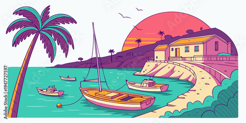A colorful tropical beach scene with a sailboat and palm tree Vector