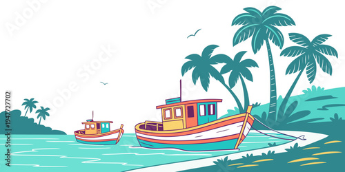 A colorful boat floats near the shore with palm trees Vector
