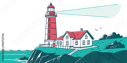 A red and white lighthouse on a rocky coastline Vector