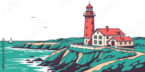A red lighthouse on a rocky coastline Vector