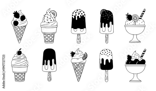 Summer ice cream flat cartoon elements set with hand drawn style vector on white background