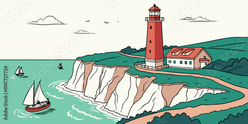 A red lighthouse on a rocky cliff by the sea Vector