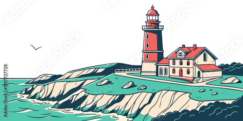 A red and white lighthouse on a rocky cliff Vector