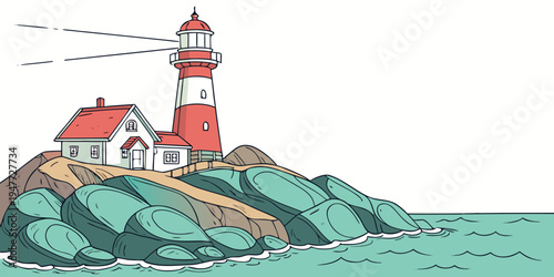 A red and white lighthouse on a rocky cliff Vector
