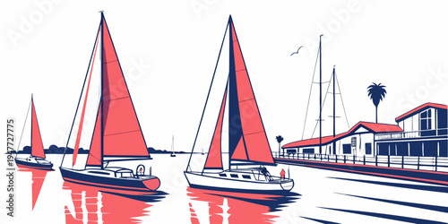 Sailboats are moored in a marina on a calm day Vector