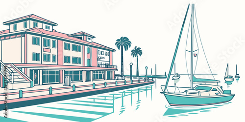 A sailboat docked near a large building with palm trees Vector