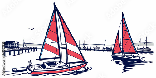 Two sailboats are anchored near a pier Vector