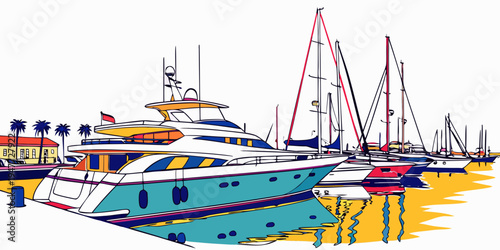 A large teal and white boat sitting in the water Vector