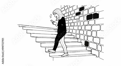 Person on stairs looking at phone, smiling, next to brick wall