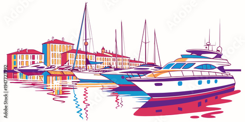 A colorful illustration of a boat docked at a marina Vector