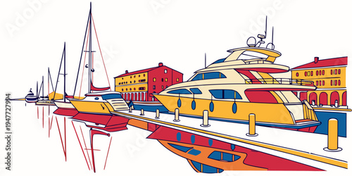 A colorful boat sitting on a dock with other boats Vector