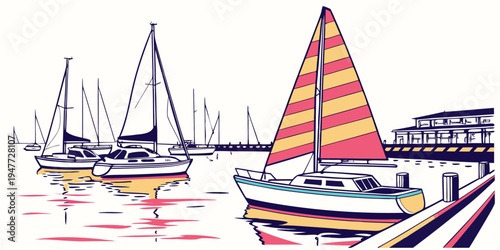 A sailboat with a red and yellow striped sail on the water Vector