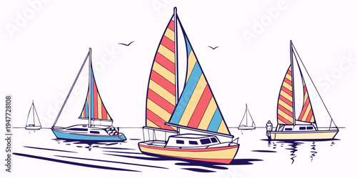 Three sailboats with colorful sails on the water Vector