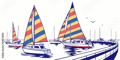 Sailboats with colorful striped sails on the water Vector
