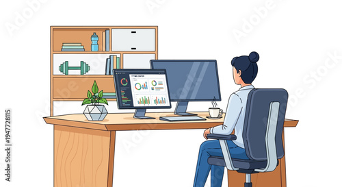 Woman working at desk with computer and tablet.