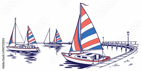 A group of sailboats on the water near a pier Vector
