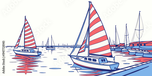 Sailboats with red and white striped sails on calm water Vector