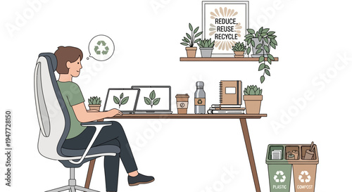Woman working at desk with eco-friendly office supplies.