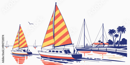 Sailboats with orange and yellow striped sails on the water Vector