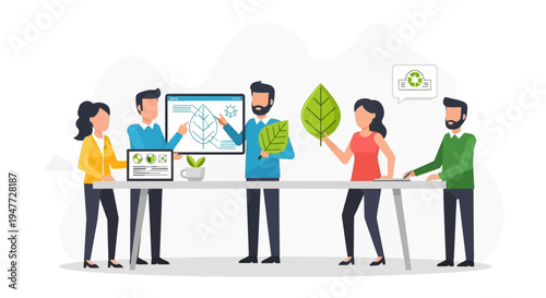Team Discussing Environmental Strategy with Green Leaf Symbol.