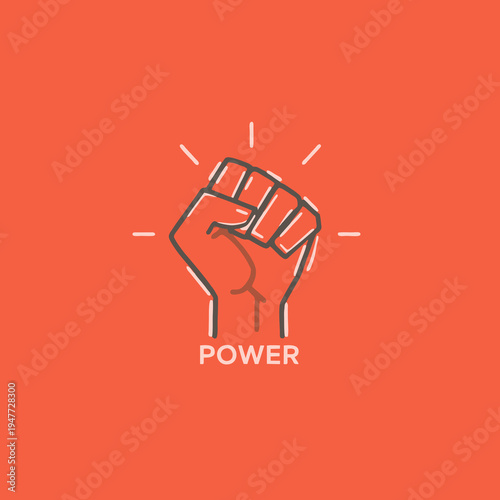 Minimalist line art vector icon of a raised clenched fist with radiating lines and power text on orange background.