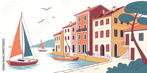 A colorful sailboat sailing by a waterfront town Vector