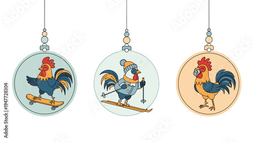 Trio of festive Christmas ornaments featuring roosters engaged in winter sports like skateboarding and skiing for holiday decoration.